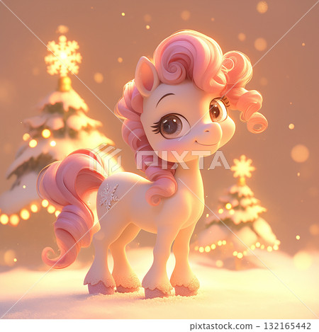 Cute pastel pony stands in a winter wonderland decorated for a festive season celebration 132165442