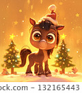 Cute cartoon horse wearing Santa hat stands in snowy scene with Christmas trees and festive decor during winter celebration 132165443