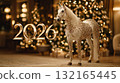 Elegant white horse adorned with gold decorations stands by a beautifully lit Christmas tree in a festive setting for the new year celebration 132165445