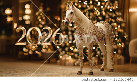Elegant white horse adorned with gold decorations stands by a beautifully lit Christmas tree in a festive setting for the new year celebration 132165445