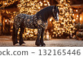 Beautifully decorated horse stands gracefully amidst sparkling Christmas lights at a festive outdoor setting 132165446