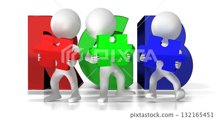 3D RGB cartoon characters holding puzzle pieces 132165451