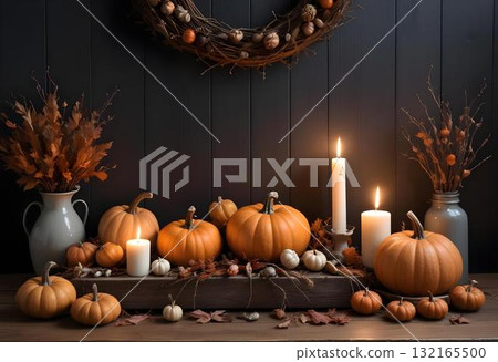 Autumnal Still Life with Pumpkins and Candles 132165500
