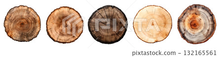 Round wooden tree slice trunk stump wood on transparent background cutout, PNG file. Many assorted different Mockup template for artwork design 132165561