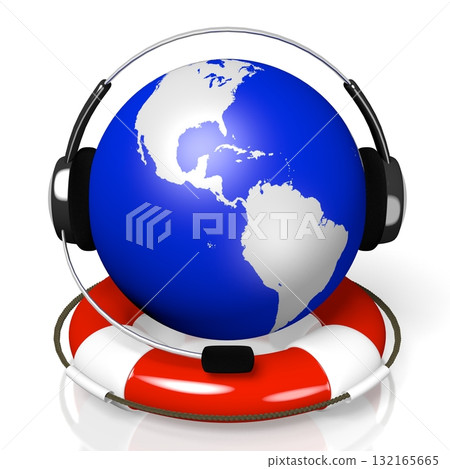 World map with headset and rescue wheel - customer support concept 132165665
