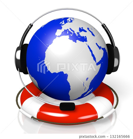 World map with headset and rescue wheel - customer support concept 132165666