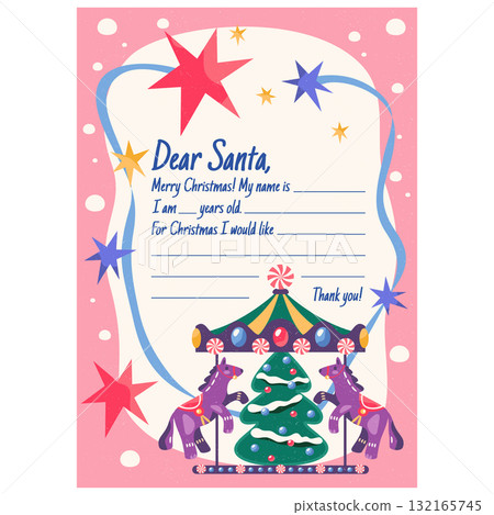 Vector Christmas letter to dear Santa. Child or kid mail for new year or Xmas wish. Seasonal wonder story background or December writing template. Children communication note. Winter holiday message. 132165745