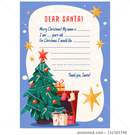 Santa Claus letter template. Vector Christmas mail or kid wish list. Holiday greeting and festive message to north pole. Winter merry Xmas writing. Paper page with present or gift request. Wonder. 132165746