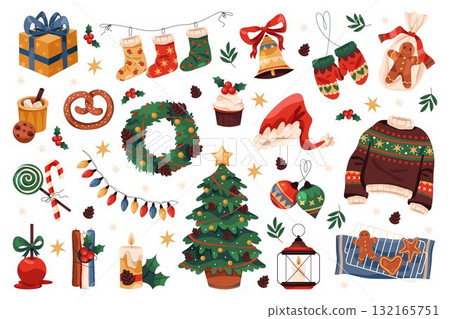New year sticker set or Christmas vector icon. Winter holiday element or seasonal festive symbol. Fir tree and wreath, December bakery and gift, present box, garland and food, Santa cap and bubble. 132165751