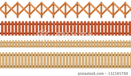 Wooden fence pattern. Seamless print of rural plank boundary wall, cartoon gate barrier, wooden fence exterior, brown timber gate wall. Vector texture 132165789