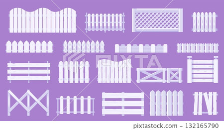 White fence. Cartoon wooden garden picket gate, rustic country house decorative barrier, rural village exterior elements. Vector garden wood fence set 132165790