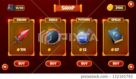 Game shop UI. Wooden frame game store panel with buttons for mobile video game, cartoon interface weapon, armor, potion elements for user menu. Vector concept Game shop UI. Wooden frame game store panel with buttons for mobile video game, cartoon interface weapon, armor, potion elements for user menu. Vector concept 132165793