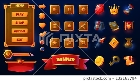 Cartoon game UI. Gaming icons buttons user interface elements, ribbon banners and navigation button set, reward symbols and game menu. Vector modern gaming web app GUI Cartoon game UI. Gaming icons buttons user interface elements, ribbon banners and navigation button set, reward symbols and game menu. Vector modern gaming web app GUI 132165794