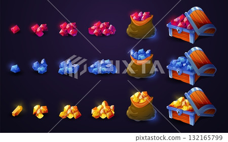 Treasure chest. Cartoon crystal pile rewards, fantasy wooden chest with glowing gemstones, fantasy pirate game element. Vector crystals asset isolated set 132165799