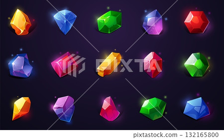 Gem game icon. Cartoon precious jewelry, magic glossy colored crystals for mobile games, fantasy shiny puzzle jewel UI asset. Vector isolated collection 132165800