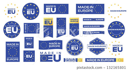 Made in EU sticker. Quality product guarantee label, European Union flag circle square badge. Vector emblem for certified European manufacturing goods 132165801
