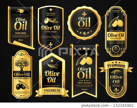 Olive oil label. Organic products premium quality labels with engraved olives, natural award badges for bottle packaging design. Vector olive banners collection 132165802