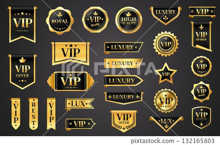 VIP luxury labels. Golden premium quality badges and stickers, elegant frame design elements for certificate, scroll and award. Vector luxurious isolated set 132165803