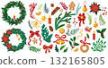 Xmas decorative elements. Christmas wreath with mistletoe, fir branches, pine cones, holly and ribbon. New year winter holiday decorations vector set 132165805