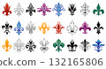 Heraldic lily. Fleur de lis black colored and line icons, french antique emblem logo, traditional decorative coat of arms flowers for heraldry badge design. Vector isolated set 132165806