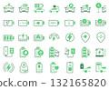 Charging station icons. Electric vehicle charger with battery power level, phone and power bank charge indicators, wireless charging symbols. Vector set 132165820