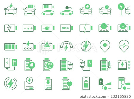 Charging station icons. Electric vehicle charger with battery power level, phone and power bank charge indicators, wireless charging symbols. Vector set 132165820