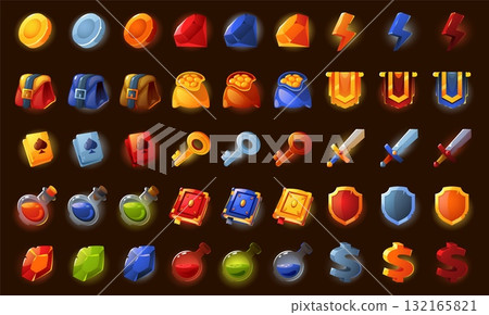 Game UI icon. Cartoon fantasy sprite graphic asset, magic energy health power and money resource symbols for video game. Vector isolated set Game UI icon. Cartoon fantasy sprite graphic asset, magic energy health power and money resource symbols for video game. Vector isolated set 132165821