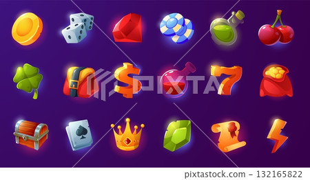 Casino game icons. Cartoon gambling elements for online slot machine, 3D graphic assets for video game, glossy poker dice, cherry, clover, chips. Vector set 132165822