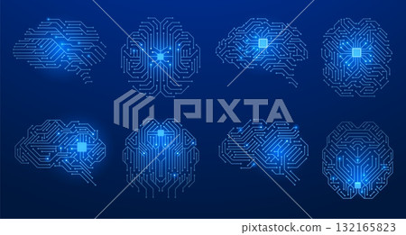 Glowing circuit brain. Abstract human head with microchip and circuit board texture, concept of technical expertise and brain work. Vector illustration 132165823
