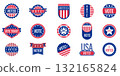 American vote badge. USA elections stickers with text voted, vote, I voted, democracy election polls and ballot. Vector patriotic buttons set 132165824