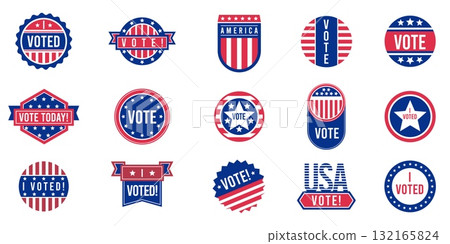 American vote badge. USA elections stickers with text voted, vote, I voted, democracy election polls and ballot. Vector patriotic buttons set American vote badge. USA elections stickers with text voted, vote, I voted, democracy election polls and ballot. Vector patriotic buttons set 132165824