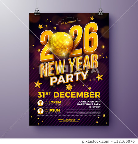 Happy New Year 2026 Party Flyer Template Illustration with 3d Typography Lettering and Disco Ball on Dark Background. Vector New Year Eve and Christmas Celebration Holiday Design for Promo Banner Happy New Year 2026 Party Flyer Template Illustration with 3d Typography Lettering and Disco Ball on Dark Background. Vector New Year Eve and Christmas Celebration Holiday Design for Promo Banner 132166076