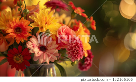 A bouquet of colorful flowers. A close-up of flowers in a vase with copy space. A bouquet of colorful flowers. A close-up of flowers in a vase with copy space. 132166106