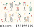 Christmas cocktail glasses with festive ribbons, holly, citrus slices, and champagne bottles in hand-drawn whimsical style. Concept of holiday drinks and celebration. Vector illustration isolated. 132166119