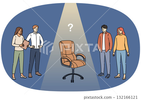 Potential candidates for vacancy stand near empty office chair, for personnel recruiting concept 132166121