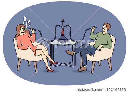 Man and woman smoke turkish hookah, sitting at table in bar and enjoying taste of tobacco Man and woman smoke turkish hookah, sitting at table in bar and enjoying taste of tobacco 132166123