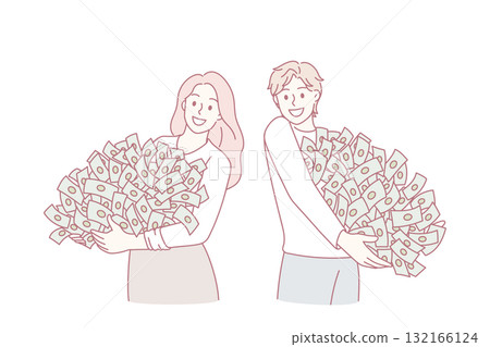 Happy people holding big piles on money banknotes 132166124