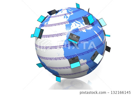 Laptops around world map - network, Internet concept - 3D illustration 132166145
