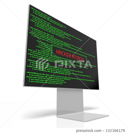 Computer monitor with green application code on w screen - hacker attack concept - 3D illustration 132166179