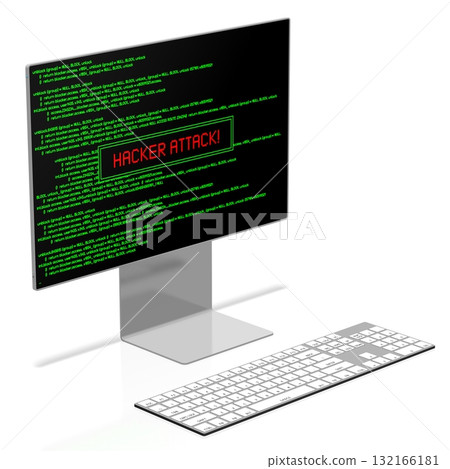 Keyboard and computer monitor with green application code on w screen - hacker attack concept 132166181