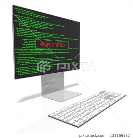 Keyboard and computer monitor with green application code on w screen - hacker attack concept Keyboard and computer monitor with green application code on w screen - hacker attack concept 132166182