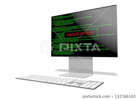 Keyboard and computer monitor with green application code on w screen - hacker attack concept 132166183