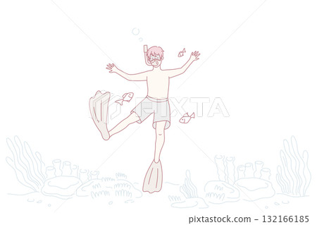 Boy child in swimwear dive snorkel in waters Boy child in swimwear dive snorkel in waters 132166185