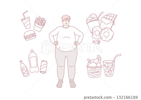 Happy fat man surrounded by junk food products 132166189