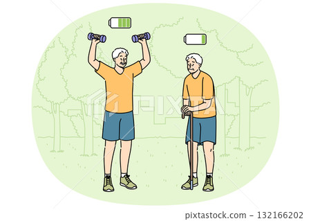 Elderly man plays sports in park and feels presence of energy, standing next to lethargic friend 132166202