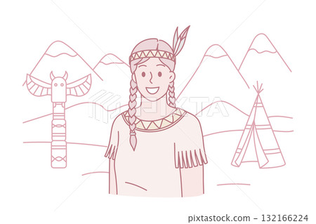 Smiling native American indian woman in traditional clothes 132166224