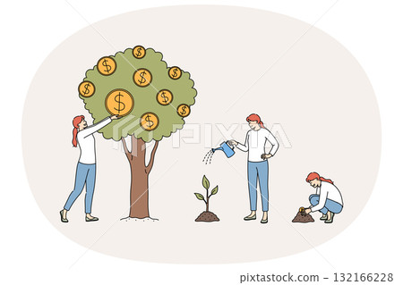 Financial progress is demonstrated by woman planting coin in ground and seeing tree grow Financial progress is demonstrated by woman planting coin in ground and seeing tree grow 132166228