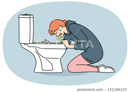 Woman vomits into toilet due to food poisoning caused by consumption of high-quality products 132166235