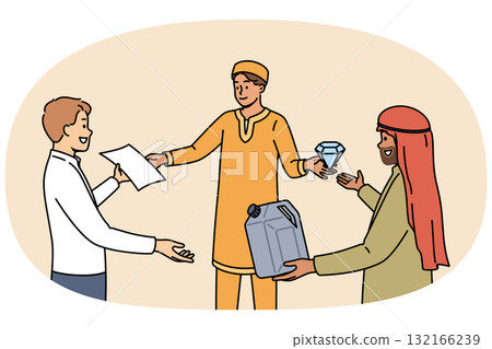 Business people exchange valuable resources among themselves, dressed in national clothes 132166239