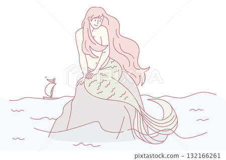 Beautiful mermaid sit on stone in open ocean 132166261